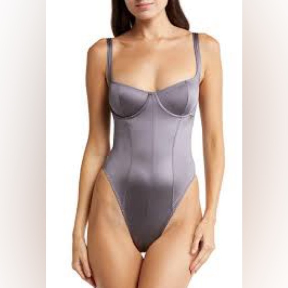 SKIMS Stretch Satin Underwire Thong Bodysuit in color Armor